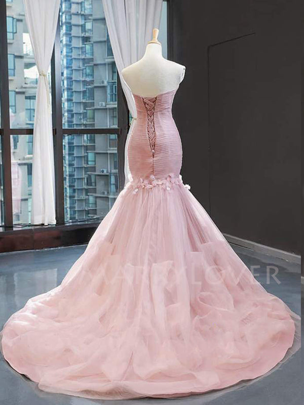 Pink Tulle Mermaid Sweetheart Ruffle Long Evening Prom Dresses, MR7558