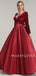 Burgundy Satin V Neck Velevt Long Sleeve A-line Long Evening Prom Dresses, Cheap Custom Prom Dresses, MR7560