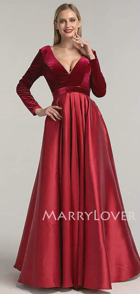 Burgundy Satin V Neck Velevt Long Sleeve A-line Long Evening Prom Dresses, Cheap Custom Prom Dresses, MR7560