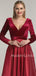 Burgundy Satin V Neck Velevt Long Sleeve A-line Long Evening Prom Dresses, Cheap Custom Prom Dresses, MR7560