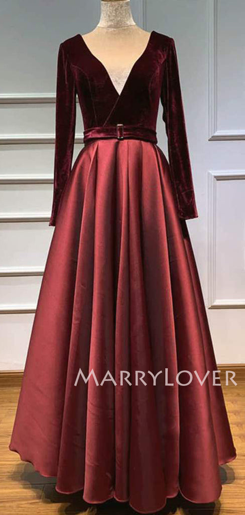 Burgundy Satin V Neck Velevt Long Sleeve A-line Long Evening Prom Dresses, Cheap Custom Prom Dresses, MR7560