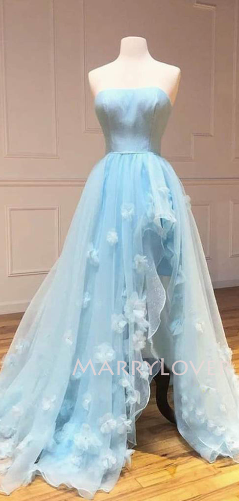Sky Blue Tulle Strapless 3D Appliques A-line Long Evening Prom Dresses, MR7563