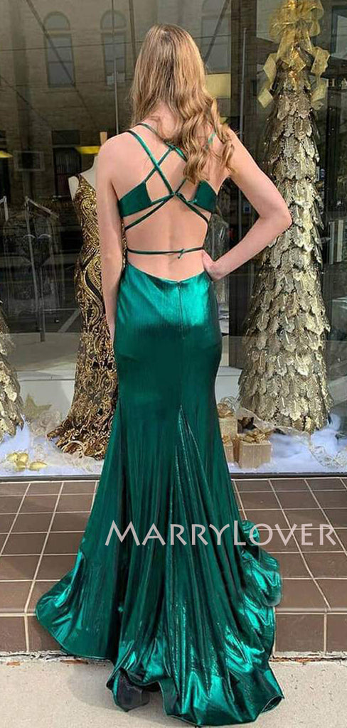 Mermaid Green Satin Spaghetti Straps Long Backless Evening Prom Dresses, Cheap Custom prom dresses, MR7564