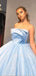 Ball Gown Sky Blue Tulle Beaded Strapless Long Sparkle Evening Prom Dresses, Cheap Custom Prom Dresses, MR7565