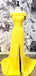 Off Shoulder Yellow Satin Mermaid Long Side Slit Evening Prom Dresses, Cheap Custom Prom Dresses, MR7569