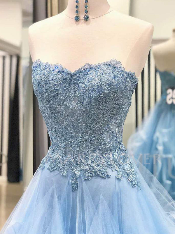 A-line Blue Tulle Appliques Lace Long Strapless Evening Prom Dresses, Cheap Custom Prom Dresses, MR7571