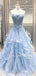 A-line Blue Tulle Appliques Lace Long Strapless Evening Prom Dresses, Cheap Custom Prom Dresses, MR7571