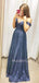 Navy Blue Tulle Off Shoulder A-line Long Sparkly Evening Prom Dresses, Cheap Custom Prom Dress, MR7572