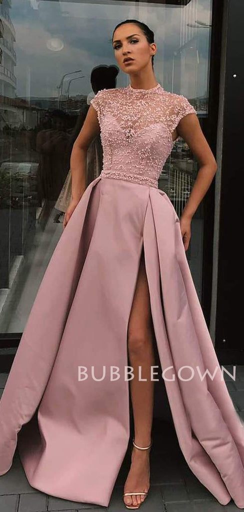 A-Line Pink Satin Beaded Long Side Slit Evening Prom Dresses, Cheap Custom prom dresses, MR7575