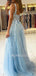 Blue Tulle Appliques A-line Lace Long Strapless Evening Prom Dresses, Cheap Custom Prom Dresses, MR7577