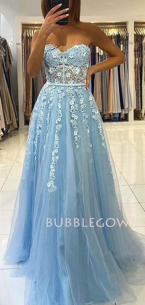 Blue Tulle Appliques A-line Lace Long Strapless Evening Prom Dresses, Cheap Custom Prom Dresses, MR7577