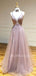 Sexy Deep V Neck Dusty Pink Tulle Appliques Beaded Lace Long Evening Prom Dresses, Cheap Custom Prom Dresses, MR7581
