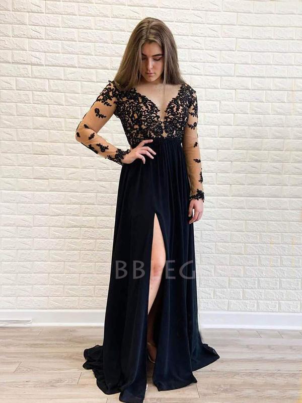 Long Sleeves Appliques Black Chiffon Long Evening Prom Dresses, Cheap Custom Prom Dresses, MR7585