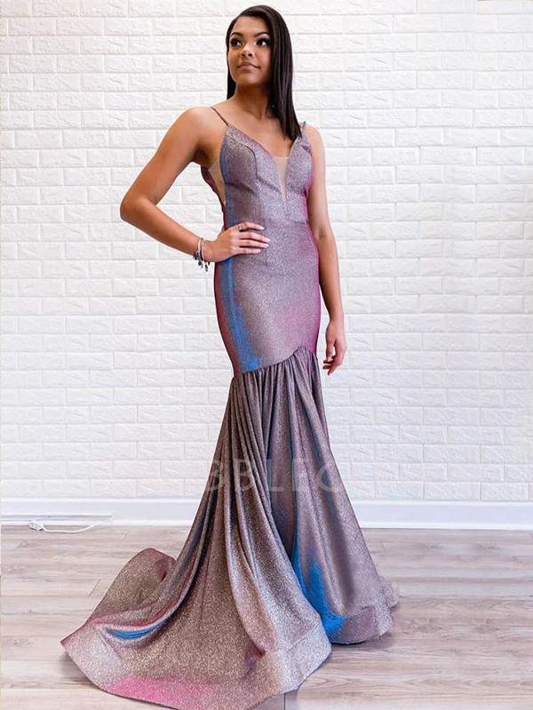 Mermaid Spaghetti Straps Sparkly Long Evening Prom Dresses, Cheap Custom Prom Dress, MR7586