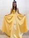 Sweet Yellow Satin V Neck A-line Spaghetti Straps Simple Long Evening Prom Dresses, Cheap Custom prom dresses, MR7587