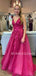 V Neck Hot Pink Tulle Appliques A-line Long Evening Prom Dresses, Cheap Custom Prom Dresses, MR7593