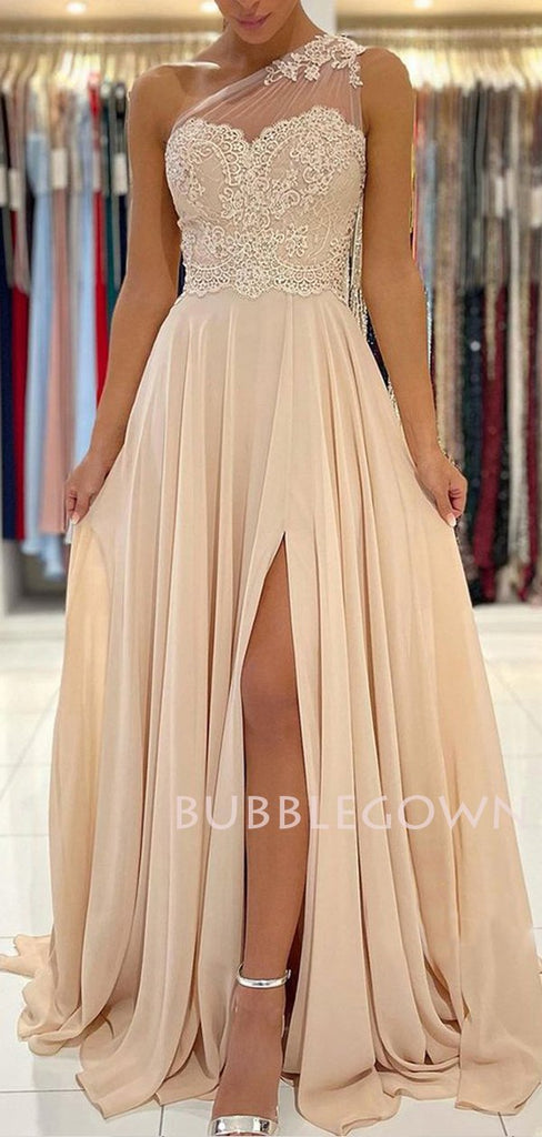 One Shoulder Chiffon Appliques Lace Long Evening Prom Dresses, Cheap Custom Prom Dresses, MR7605