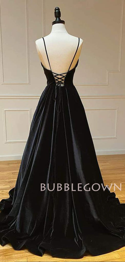 Black Velvet A-line V-neck Spaghetti Straps Long Evening Prom Dresses, Cheap Custom Prom Dresses, MR7606