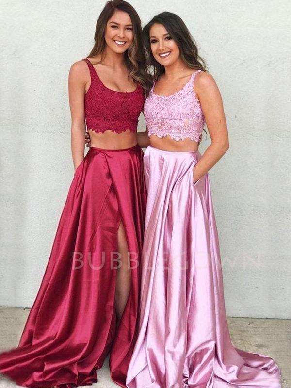 Two Pieces A-line Appliques Satin Long Evening Prom Dresses, Cheap Custom Prom Dresses, MR7614