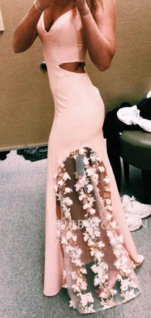 Sexy V-neck Spraghetti Straps Pink Long Mermaid Evening Prom Dresses, Cheap Custom Prom Dresses, MR7616