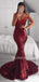 Deep V-neck Burgundy Sequin Mermaid Long Evening Prom Dresses, MR7617