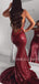 Deep V-neck Burgundy Sequin Mermaid Long Evening Prom Dresses, MR7617