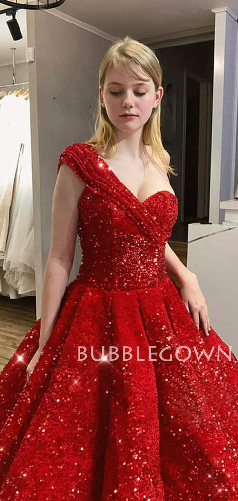 Ball Gown One Shoulder Burgundy Sequin Long Evening Prom Dresses, MR7619