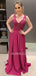 A-line Appliques Fuchsia Satin Long Beaded Evening Prom Dresses, Cheap Custom Prom Dresses, MR7623