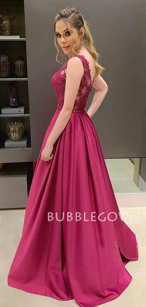 A-line Appliques Fuchsia Satin Long Beaded Evening Prom Dresses, Cheap Custom Prom Dresses, MR7623