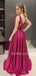 A-line Appliques Fuchsia Satin Long Beaded Evening Prom Dresses, Cheap Custom Prom Dresses, MR7623