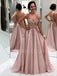 A-line V-neck Chic Appliques Tulle Long Beaded Evening Prom Dresses, Cheap Custom Prom Dresses, MR7624