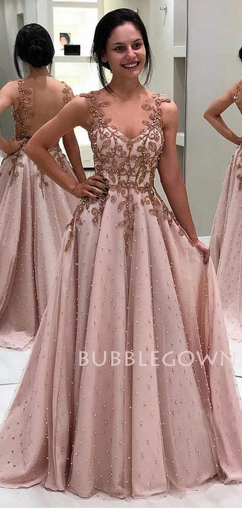 A-line V-neck Chic Appliques Tulle Long Beaded Evening Prom Dresses, Cheap Custom Prom Dresses, MR7624