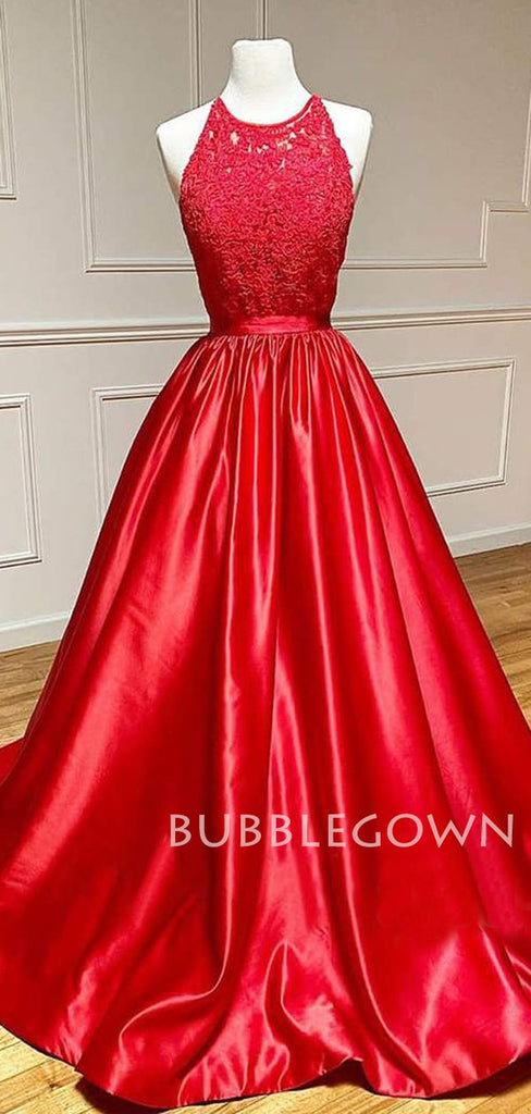 A-line Appliques Red Satin Lace Long Evening Prom Dresses, Cheap Custom Prom Dresses, MR7625