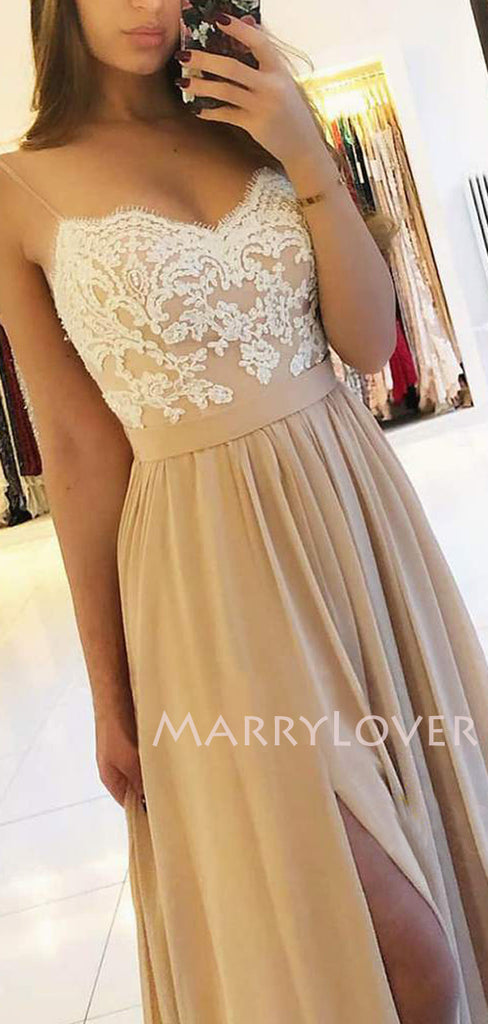 Copy of A-line Spaghetti Straps Chiffon Appliques Lace Long Evening Prom Dresses, Cheap Custom Prom Dresses, MR7628