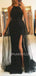 Black Lace Mermaid Side Slit Long Evening Prom Dreses, Cheap Custom Prom Dresses, MR6030