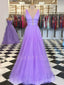 A-line Lavender Tulle Attractive V-neck Sparkle Long Evening Prom Dresses, Cheap Custom Dresses,MR7631