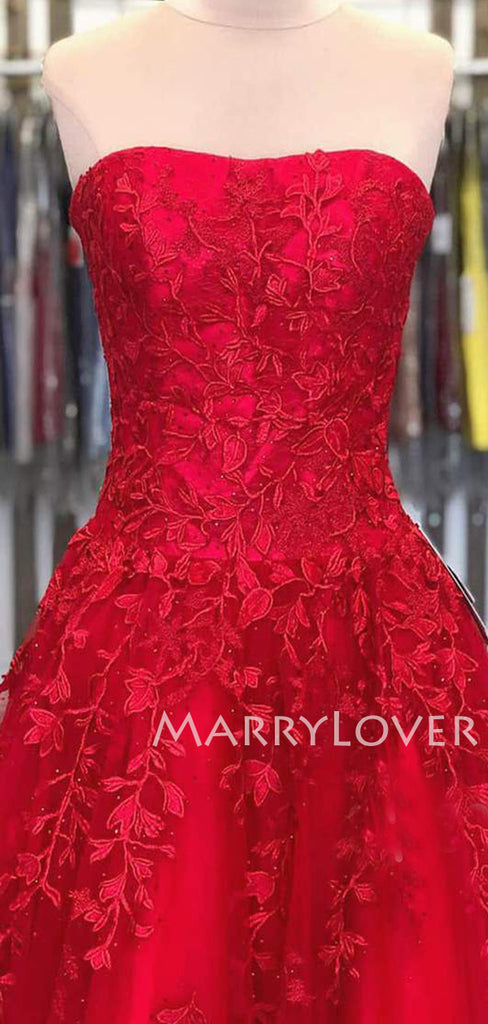 Red Tulle A-line Appliques Lace Long Evening Prom Dresses, Cheap Custom Prom Dress, MR7632