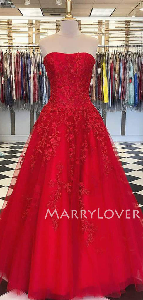 Red Tulle A-line Appliques Lace Long Evening Prom Dresses, Cheap Custom Prom Dress, MR7632