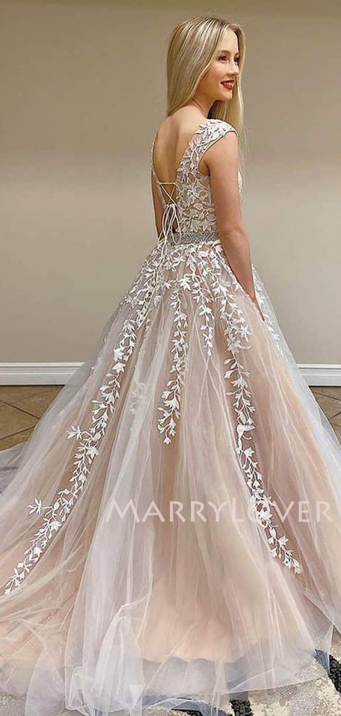 A-line Cap Sleeves Champagne Tulle Appliques Lace Long Evening Prom Dresses, Cheap Custom Prom Dresses, MR7637