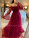 Off Shoulder Long Sleeves Burgundy Tulle Long Evening Prom Dresses, Cheap Custom Prom Dress, MR7641