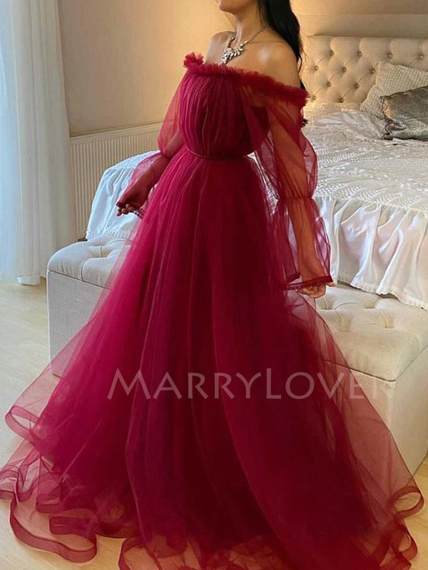 Off Shoulder Long Sleeves Burgundy Tulle Long Evening Prom Dresses, Cheap Custom Prom Dress, MR7641