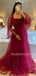 Off Shoulder Long Sleeves Burgundy Tulle Long Evening Prom Dresses, Cheap Custom Prom Dress, MR7641