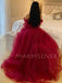 Off Shoulder Long Sleeves Burgundy Tulle Long Evening Prom Dresses, Cheap Custom Prom Dress, MR7641