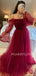 Off Shoulder Long Sleeves Burgundy Tulle Long Evening Prom Dresses, Cheap Custom Prom Dress, MR7641