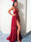 Burgundy Elastic Satin V Neck High Split Sexy Long Evening Prom Dresses, MR7642