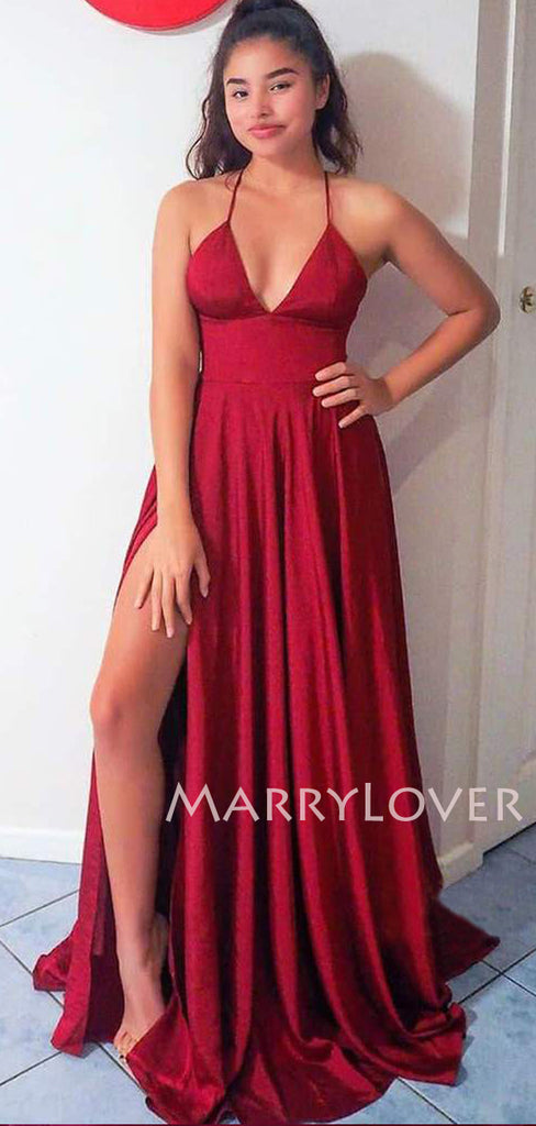 Burgundy Elastic Satin V Neck High Split Sexy Long Evening Prom Dresses, MR7642