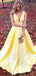 A-line Yellow Satin V Neck Long V-back Evening Prom Dresses, Cheap Custom prom dresses, MR7646