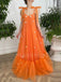 A-line Orange Tulle Spaghetti Straps Appliques Long Evening Prom Dresses, Cheap Custom Prom Dress, MR7647