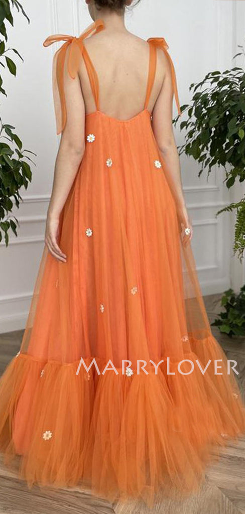 A-line Orange Tulle Spaghetti Straps Appliques Long Evening Prom Dresses, Cheap Custom Prom Dress, MR7647