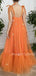 A-line Orange Tulle Spaghetti Straps Appliques Long Evening Prom Dresses, Cheap Custom Prom Dress, MR7647